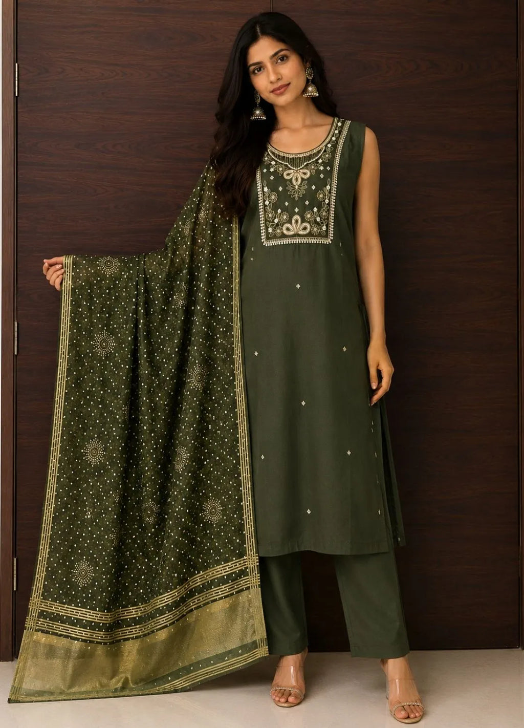 Olive Green Bandhani Dress Suit
