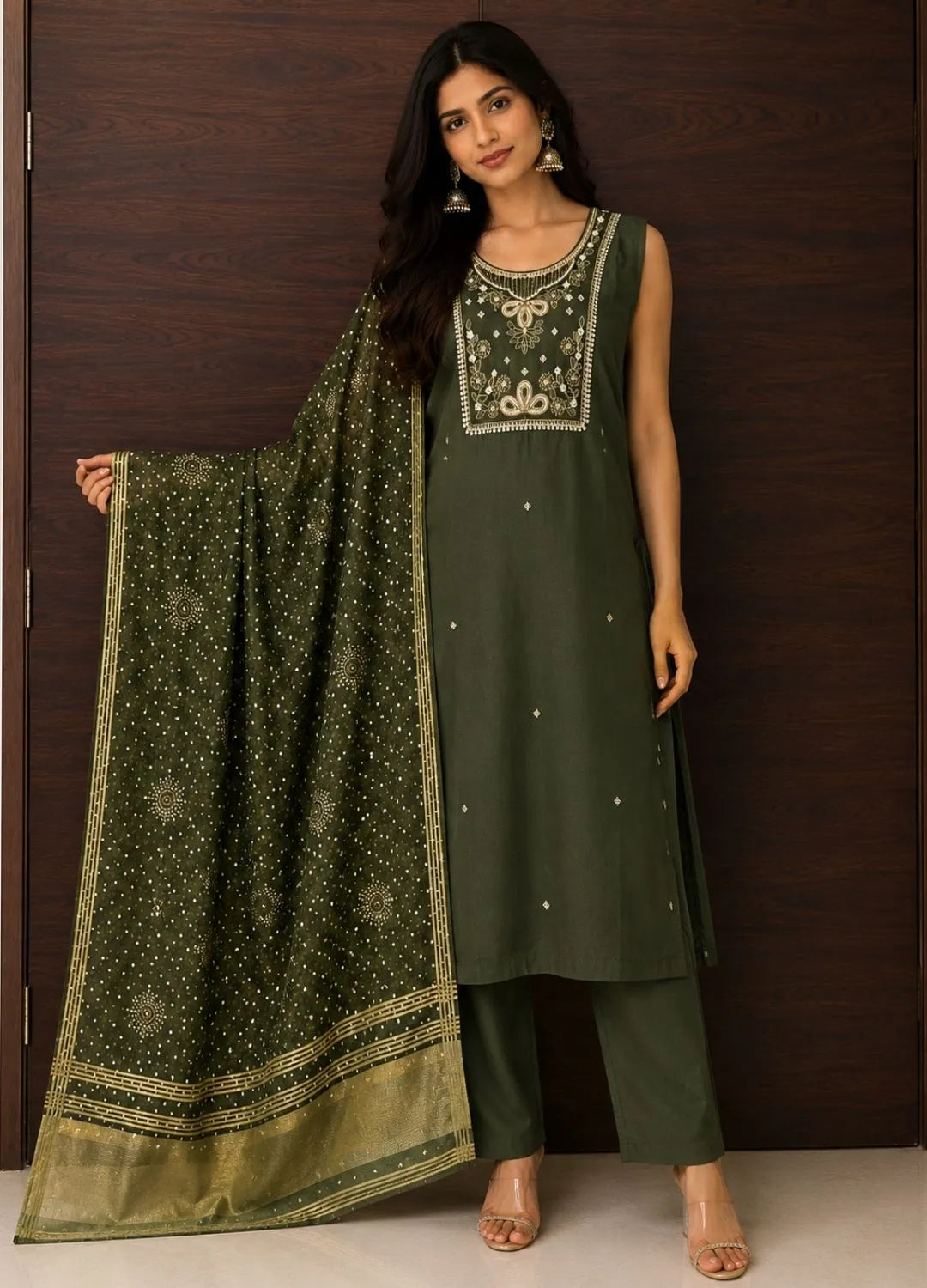 Olive Green Bandhani Dress Suit