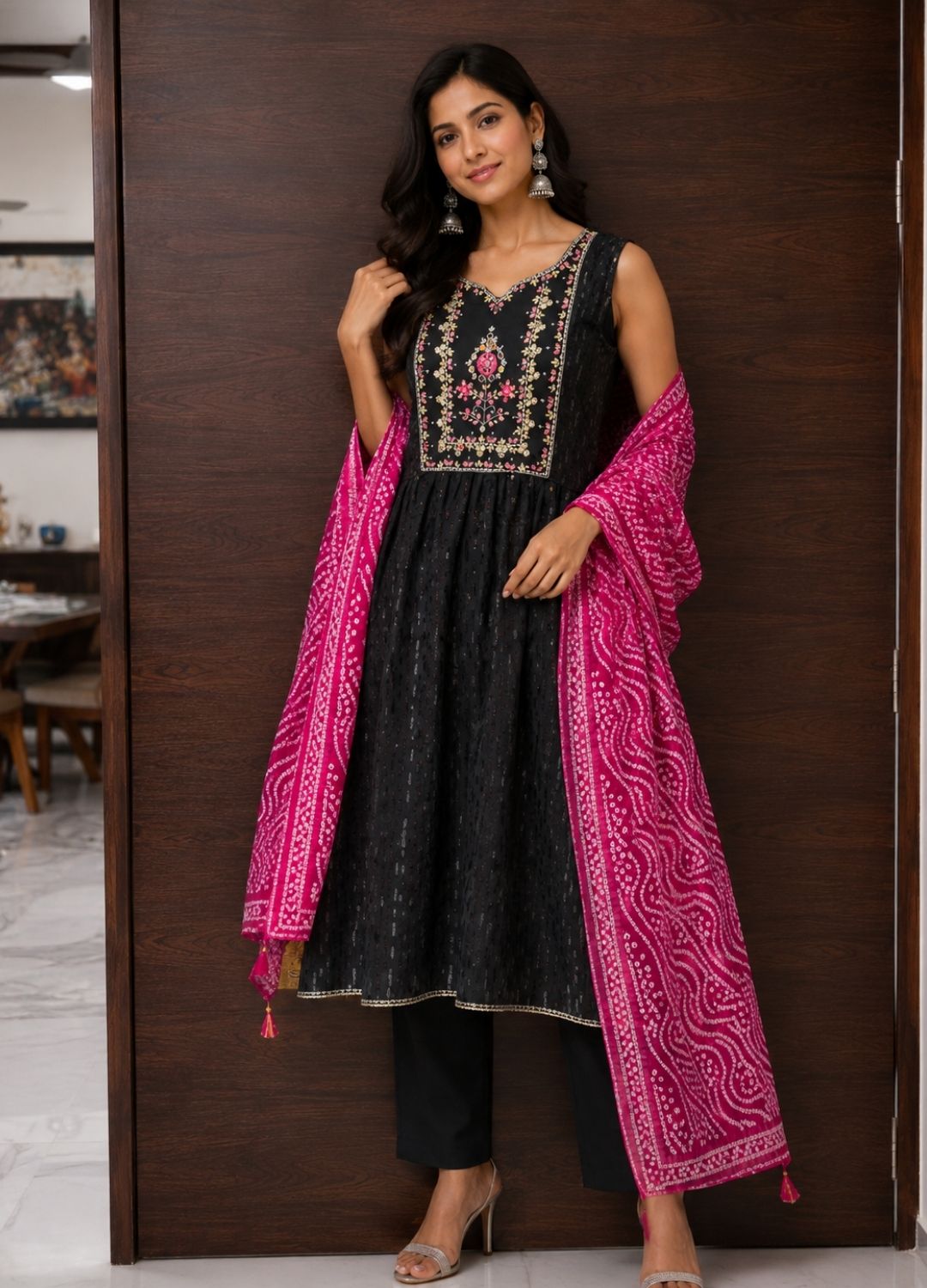 Black Nyra Suit Set with Pink Bandhani Dupatta